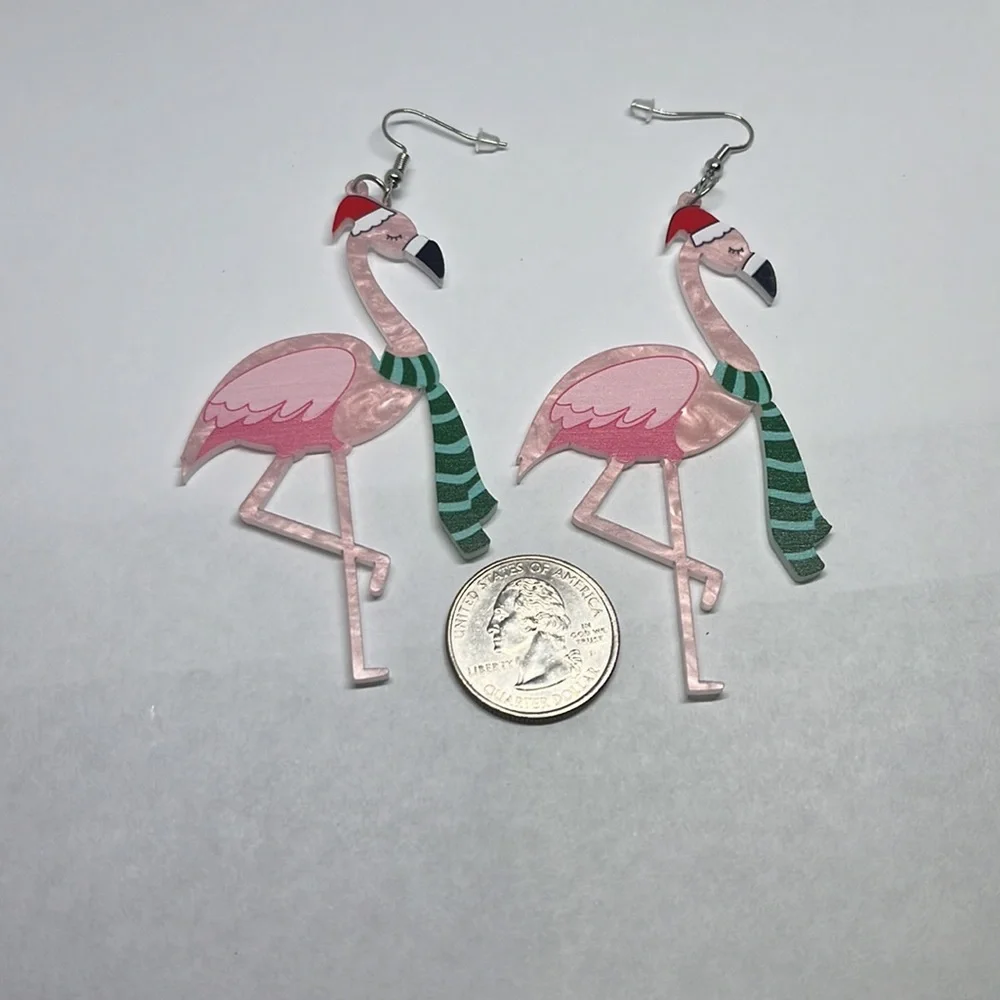 Earrings‎ Pink Flamingos Christmas Xmas Holiday
